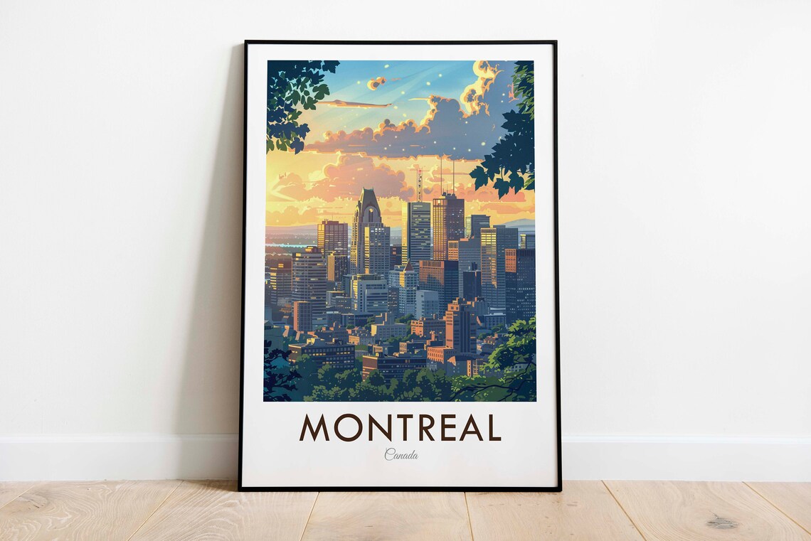 Montreal Canada Vintage Downtown Skyline Sunset Golden Travel Poster