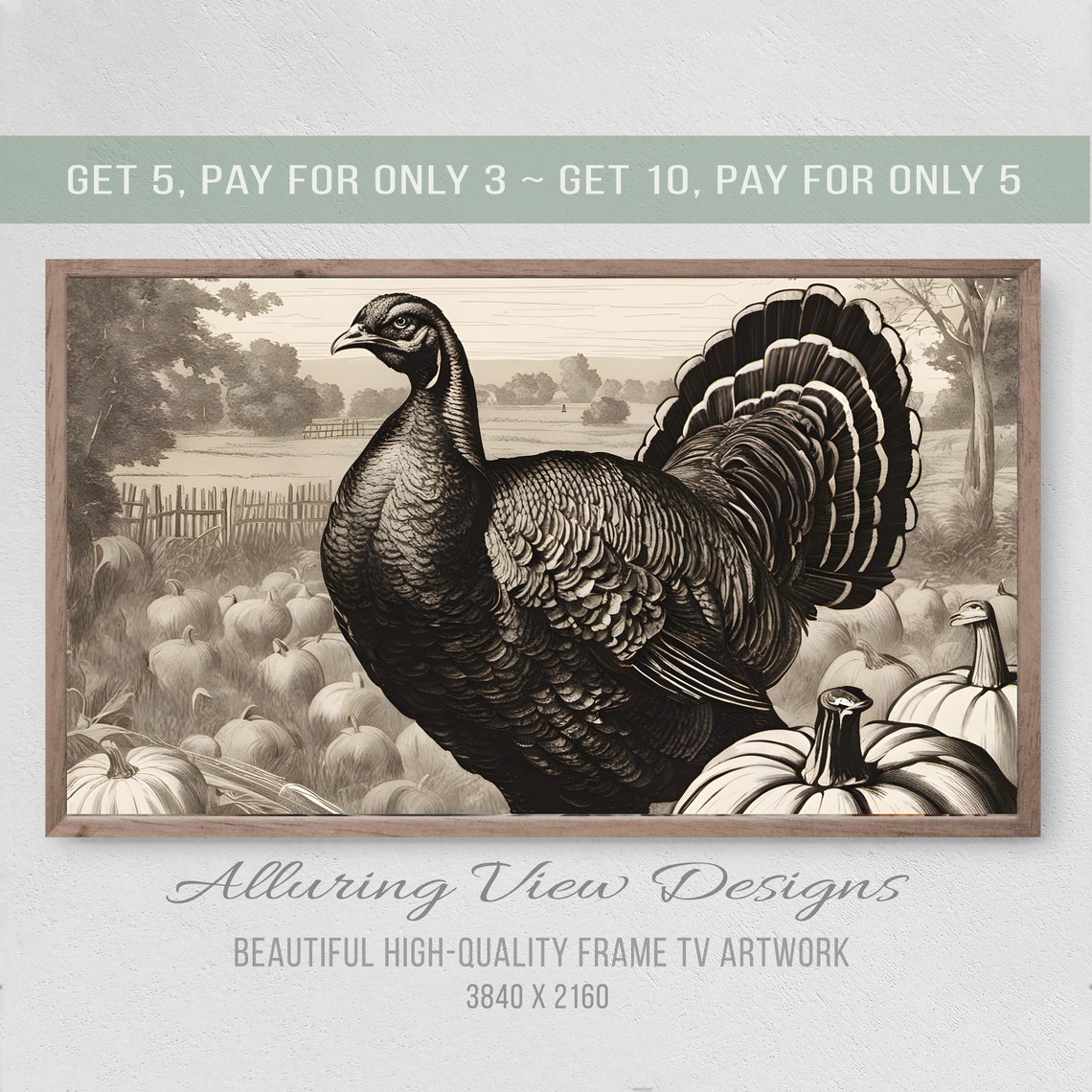 Vintage Sepia Turkey Standing In Pumpkin Patch Field Art Print