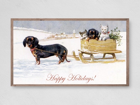 Dog Drawn Carriage Christmas Wall Art Print