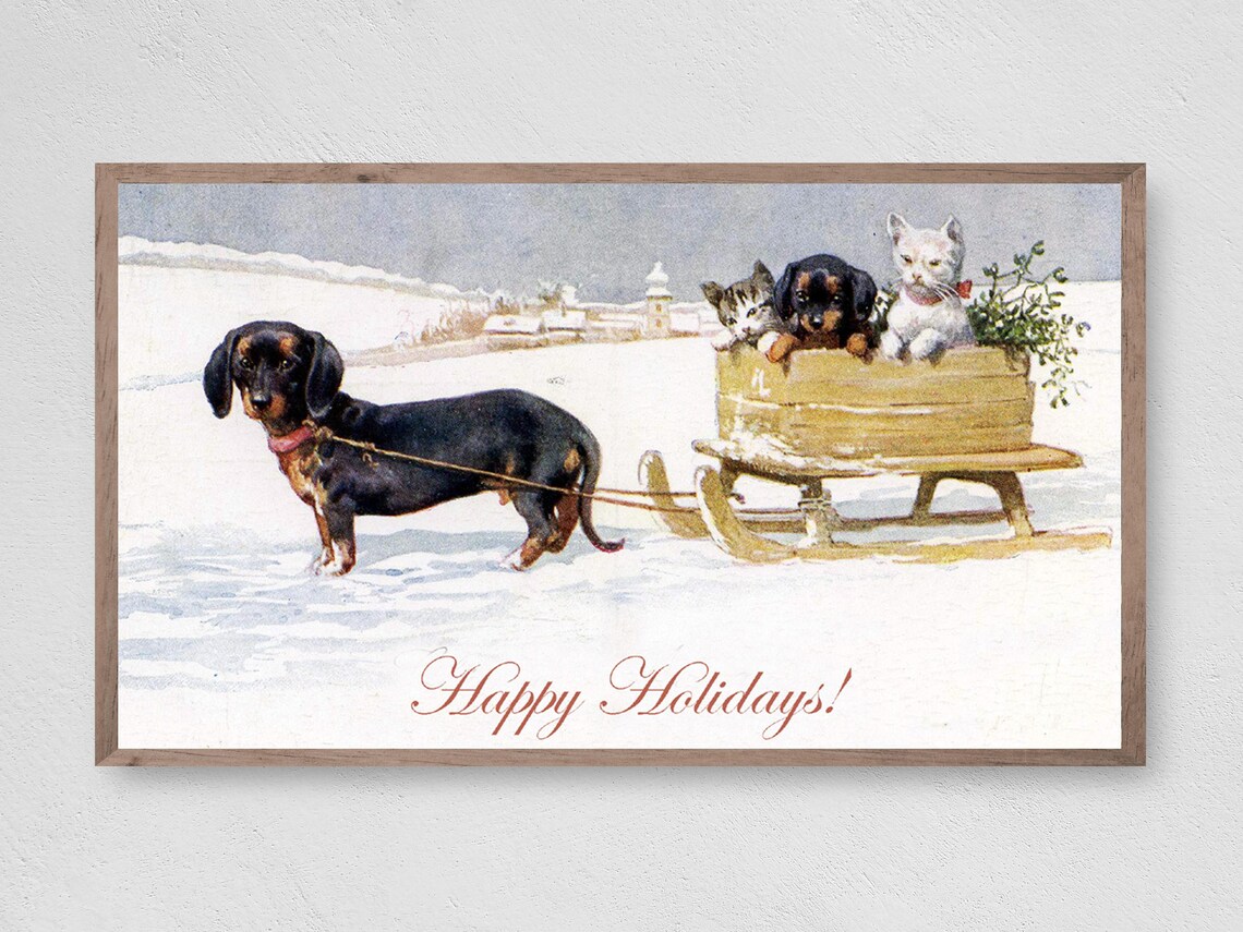 Dog Drawn Carriage Christmas Wall Art Print