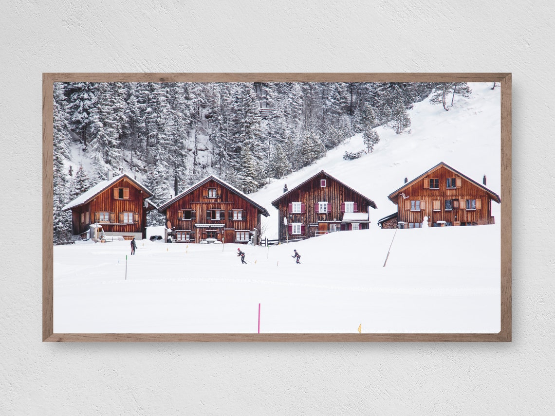 Alpine Ski Chalets Snowy Village Winter Slope Mountain Travel Poster
