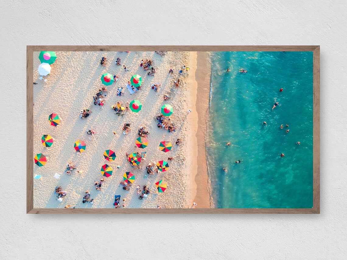 Aerial Beach Umbrellas Colorful Crowd Turquoise Ocean View Poster