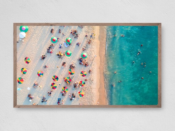 Aerial Beach Umbrellas Colorful Crowd Turquoise Ocean View Poster