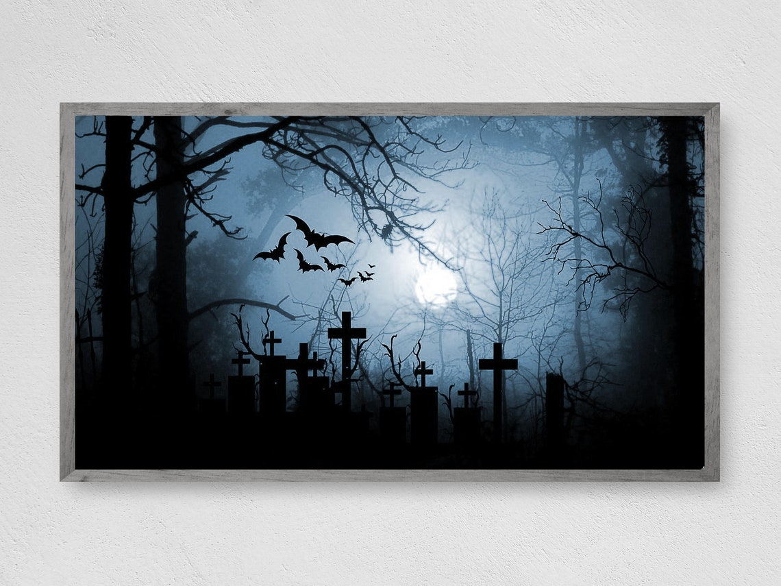 Moonlight Graveyard Halloween Art Print