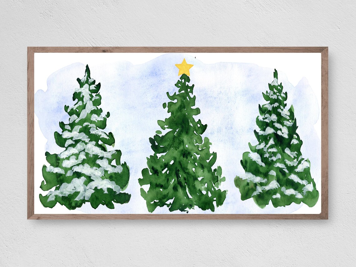 Christmas Three Trees Watercolor Winter Wall Art Print