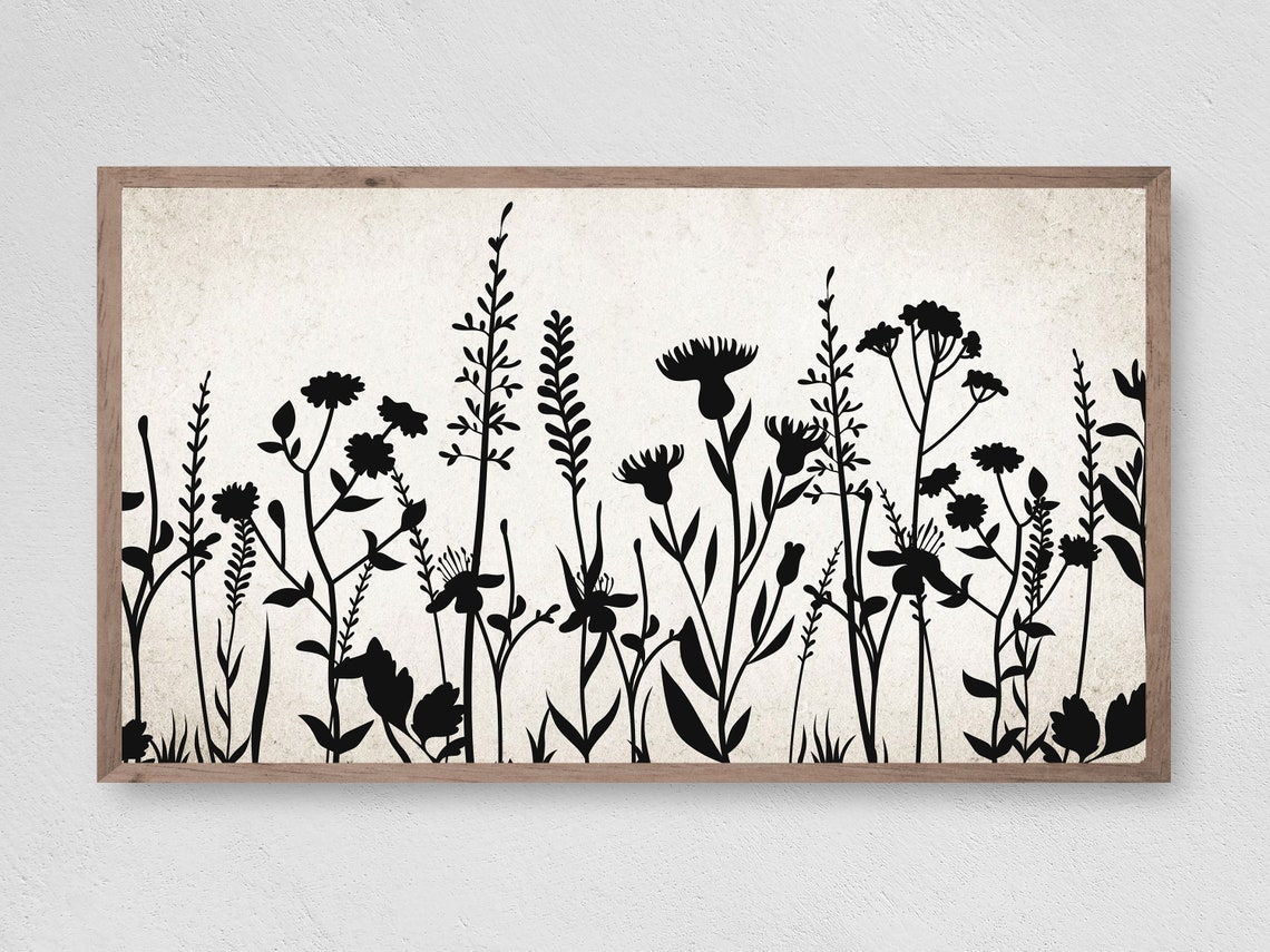 Black Silhouette Wildflower Border Aged Ivory Vintage Art Print