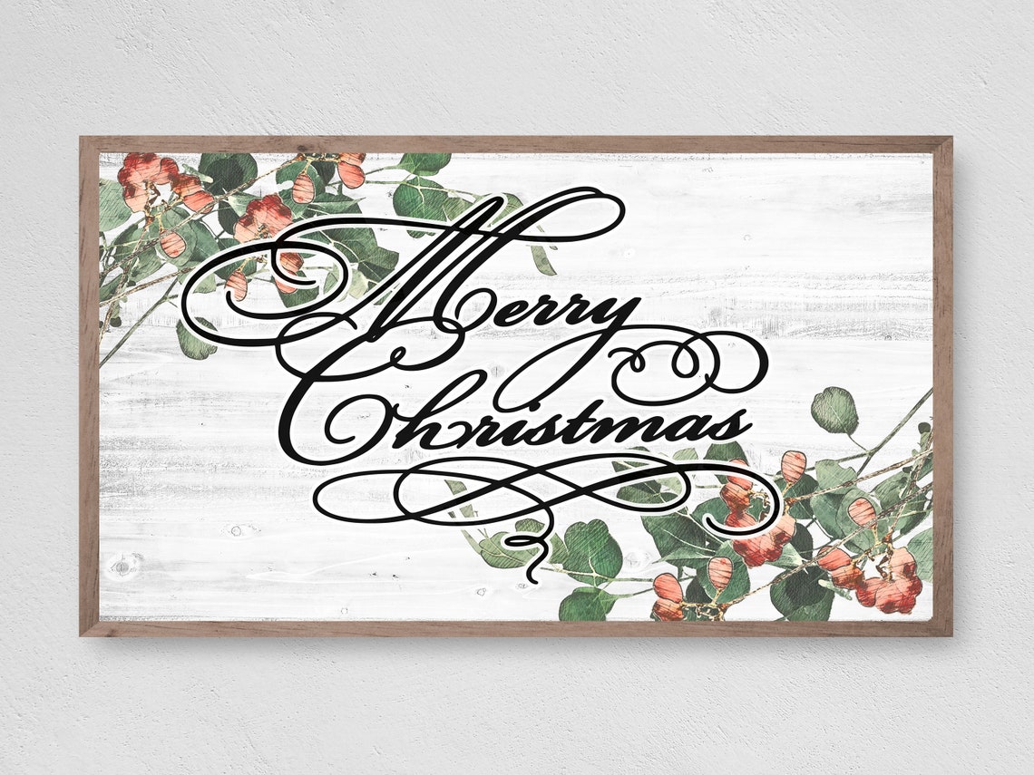 Merry Christmas Elegant Script Eucalyptus Berry Holiday Art Print