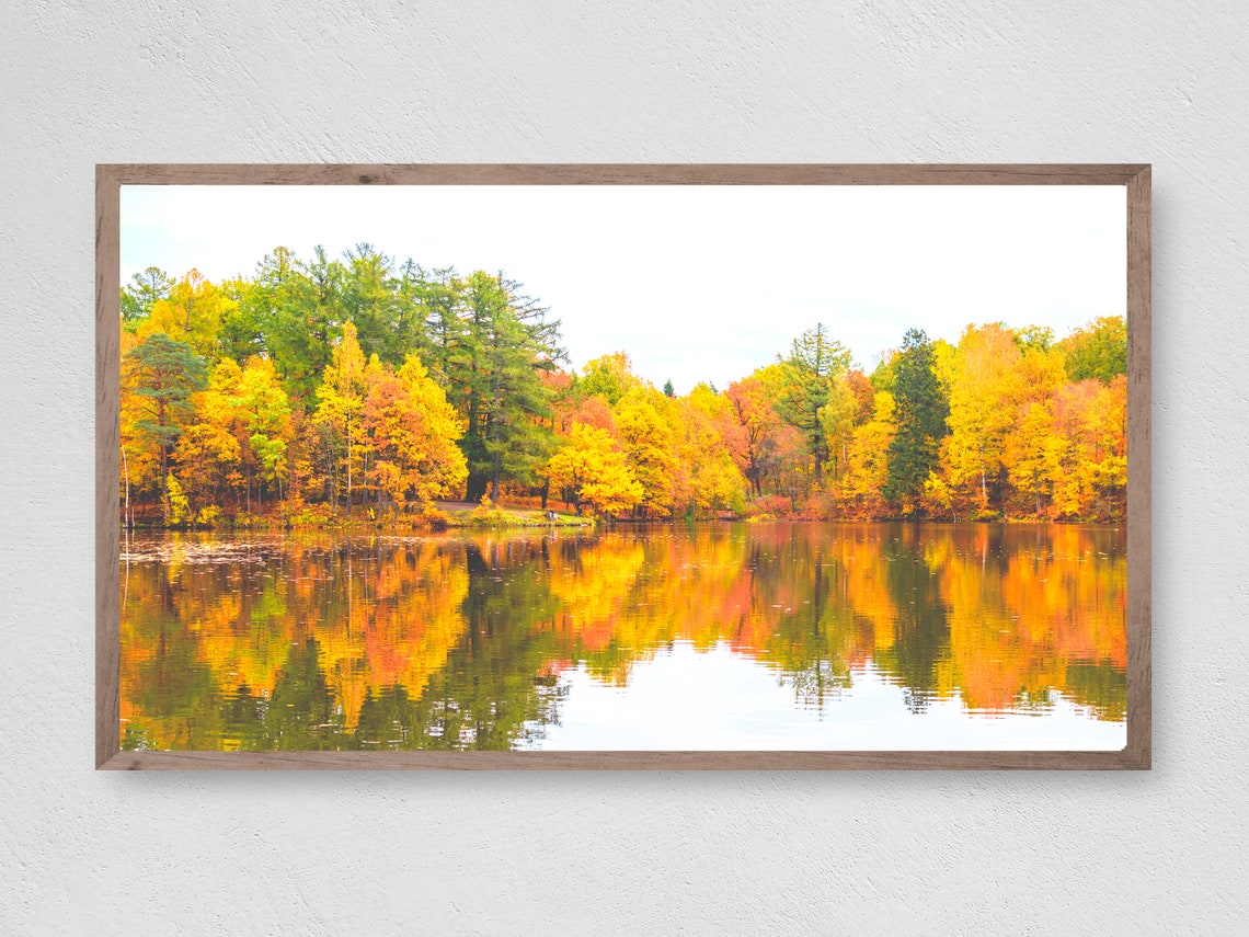 Autumn Lake with Fall Foliage Mirror Reflection Calm Water Poster