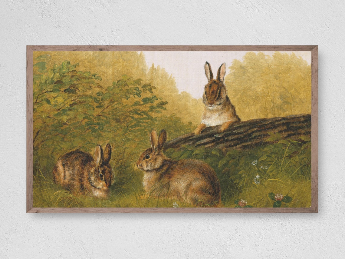 Easter Rabbits Log Painting Art Print