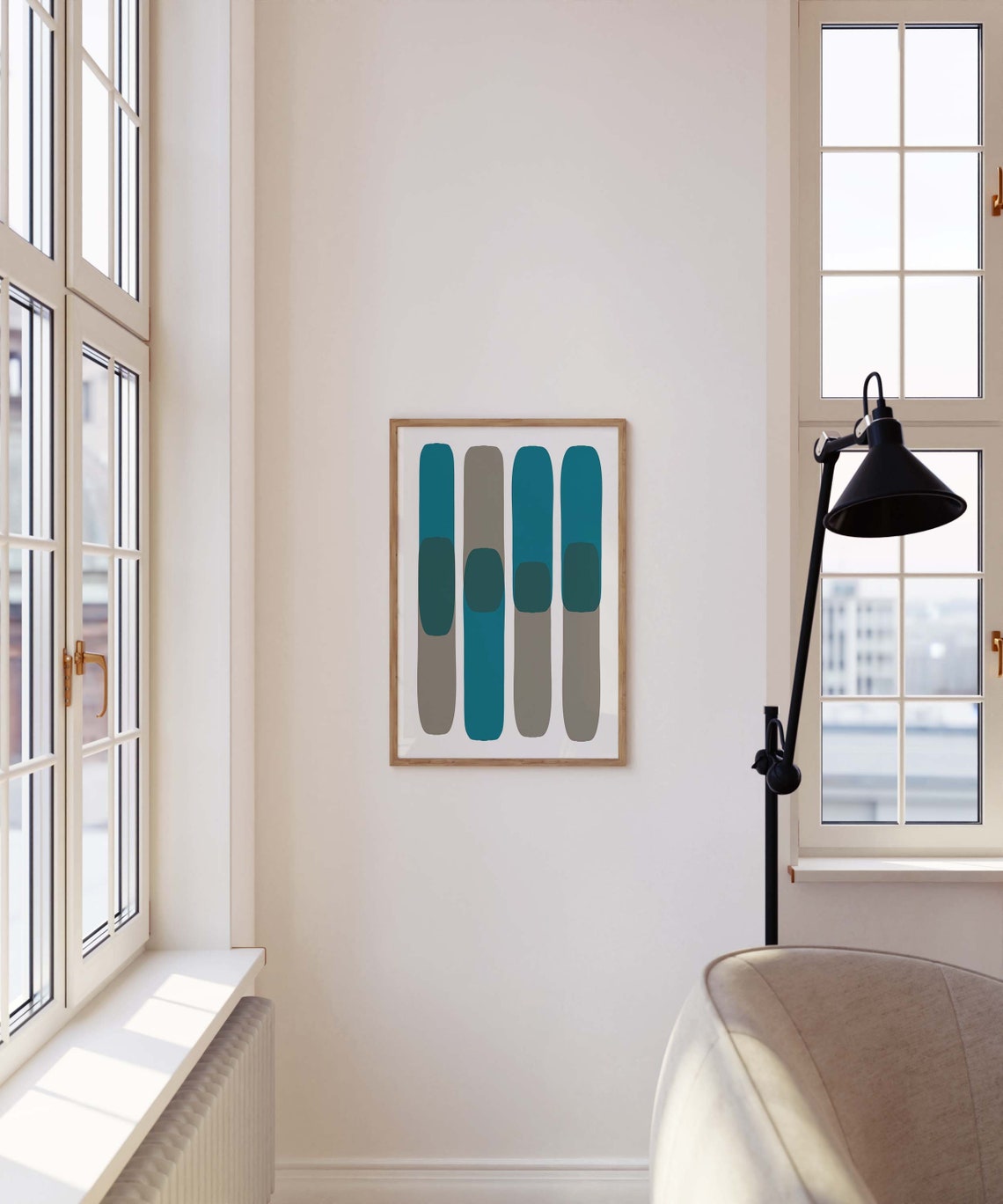 Teal Blue Grey Vertical Stripe Minimalist Abstract Art Wall Print - Image 2