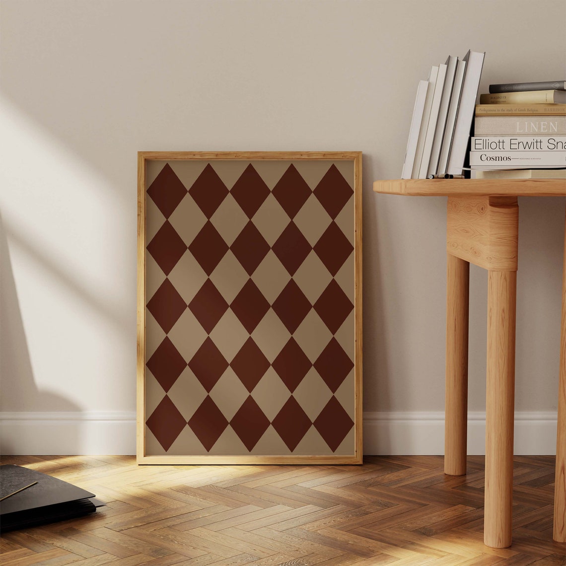 Burgundy Harlequin Diamond Pattern Minimalist Geometric Wall Art - Image 2