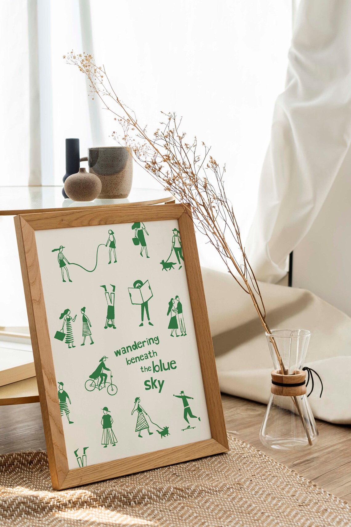 Wandering Beneath the Blue Sky Green Line Art Daily Life People Poster - Image 3