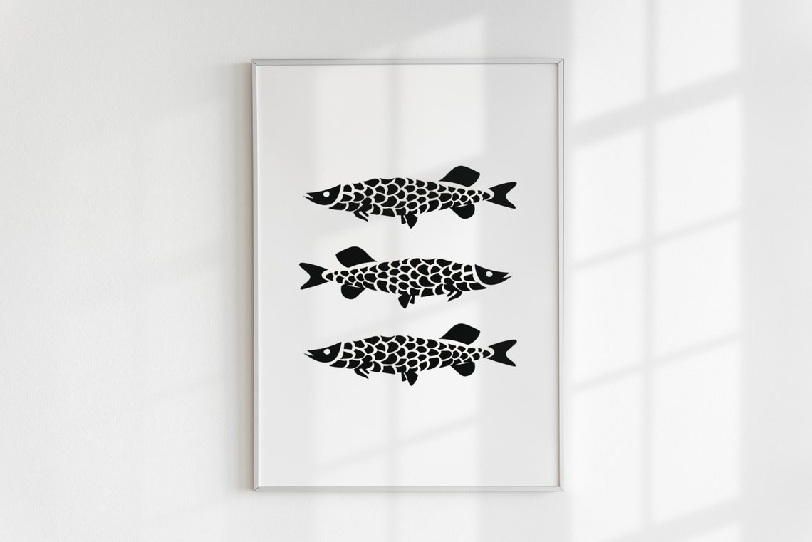 Three Black Fish Silhouettes Minimal White Background Fish Poster - Image 2