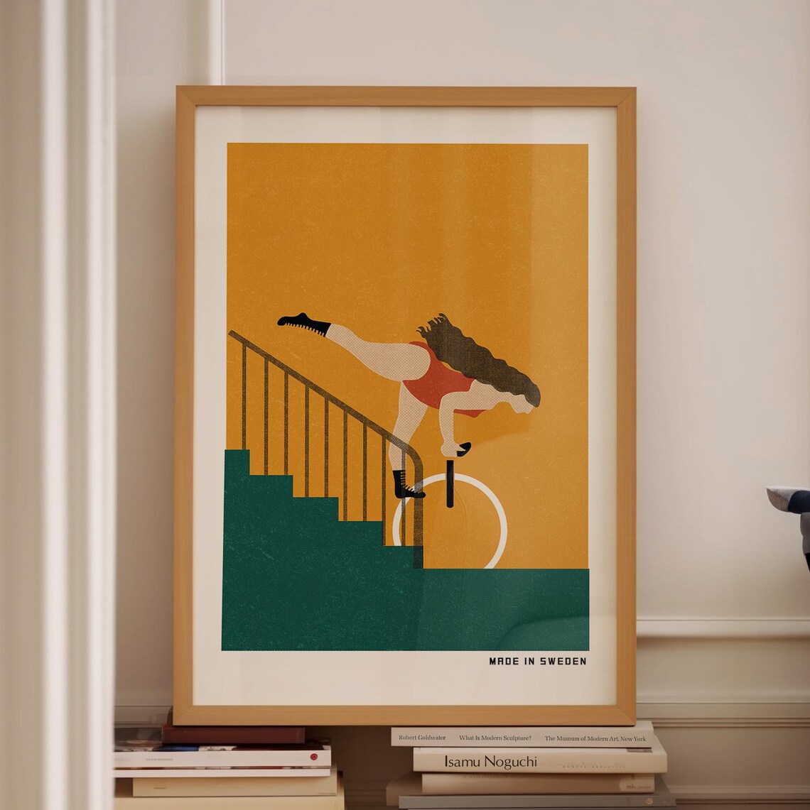 Unicyclist Tumbling Down Green Stairs Swedish Retro Poster Yellow