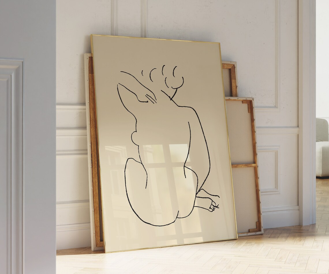 Matisse Style Line Art Seated Woman Minimalist Beige Nude Wall Art