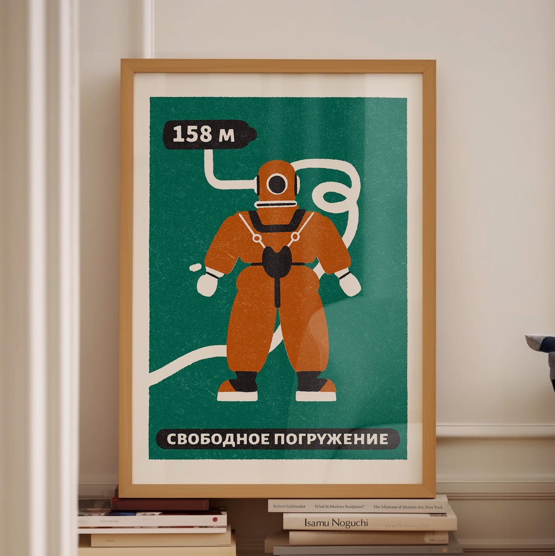 Vintage Soviet Deep Sea Diver 158M Freediving Retro Art Poster