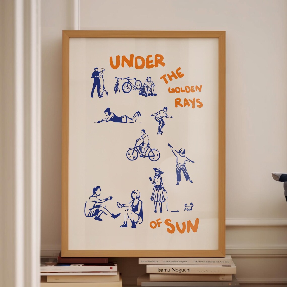 Under The Golden Rays Of Sun Orange Text Blue Figures Summer Art Poster