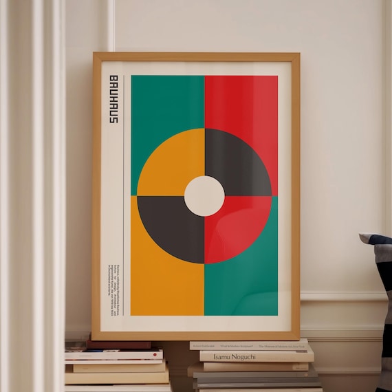 Bauhaus Geometric Circle Red Teal Black Mid Century Art Poster