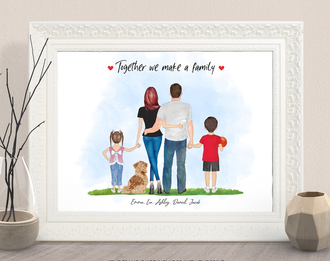 Together We Make a Family Custom Watercolor Portrait With Dog Poster