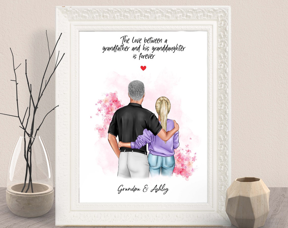 Custom Grandpa and Granddaughter Portrait Wall Art Gift for Him