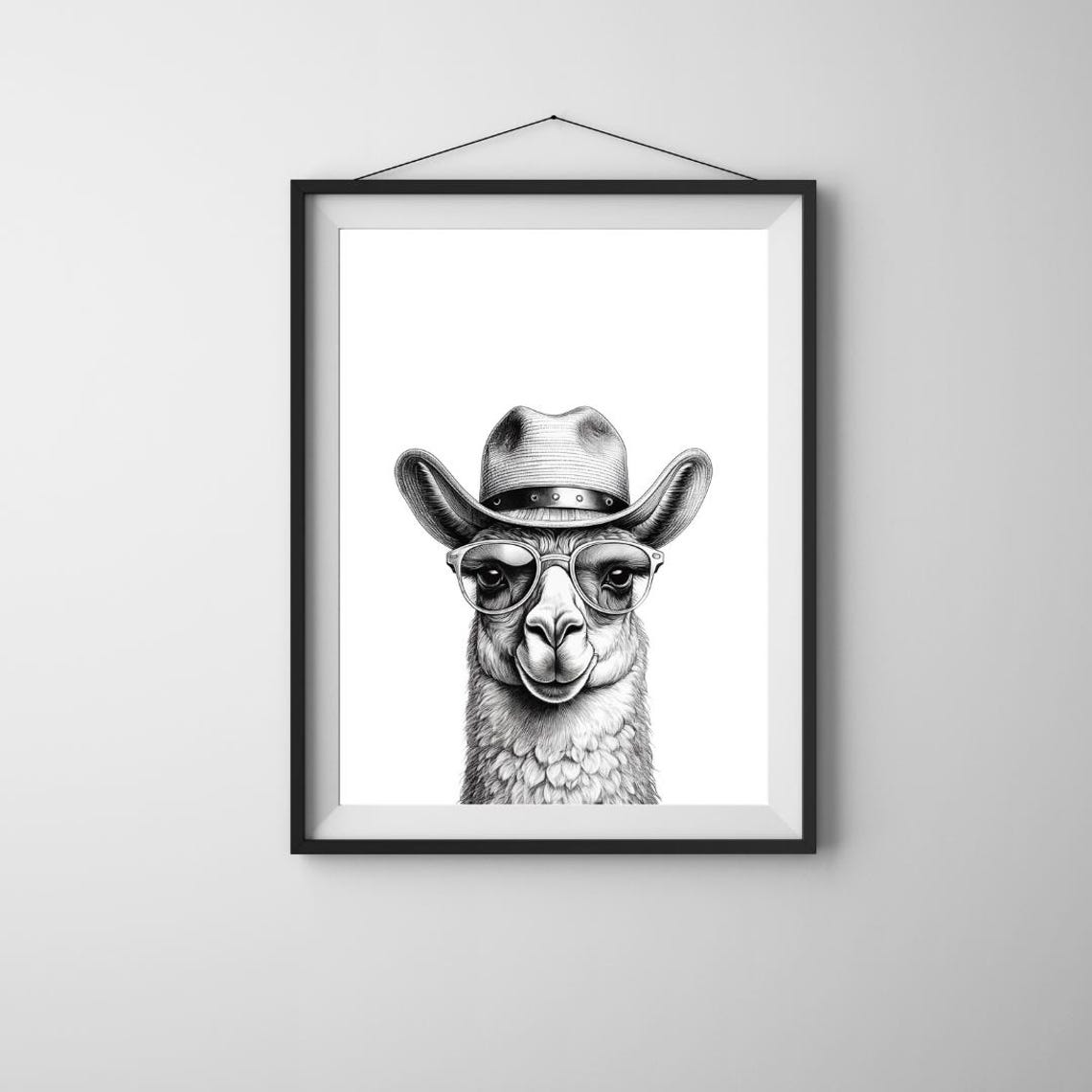 Cowboy Llama With Aviator Sunglasses Monochrome Funny Western Poster