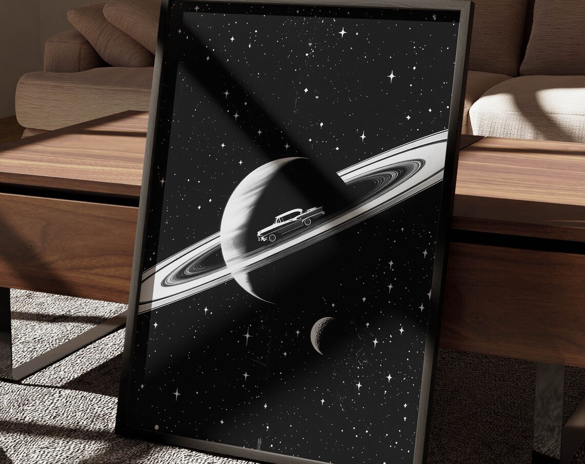 Vintage Car Driving on Saturn Rings Black White Space Poster