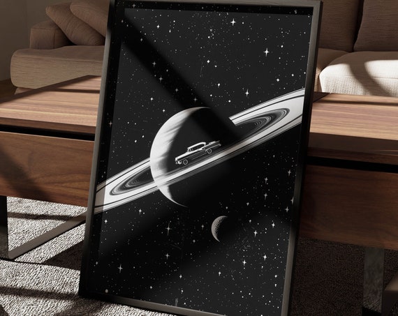 Space Artwork Car Poster Retro Aesthetic Room Decor Men Black And White Art Mens Room Decor Funny Wall Art Funky Home Decor Retro Print