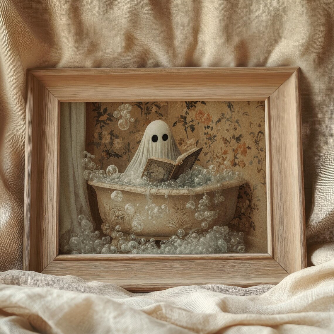 Adorable Ghost Reading Book In Bubble Bath Vintage Halloween Poster