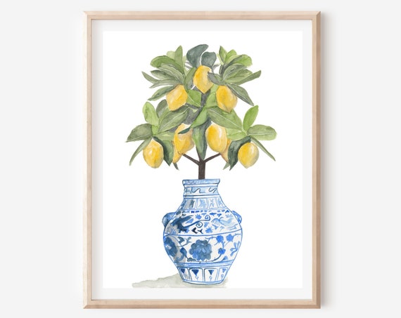 Lemon Chinoiserie Blue White Vase Botanical Art Print