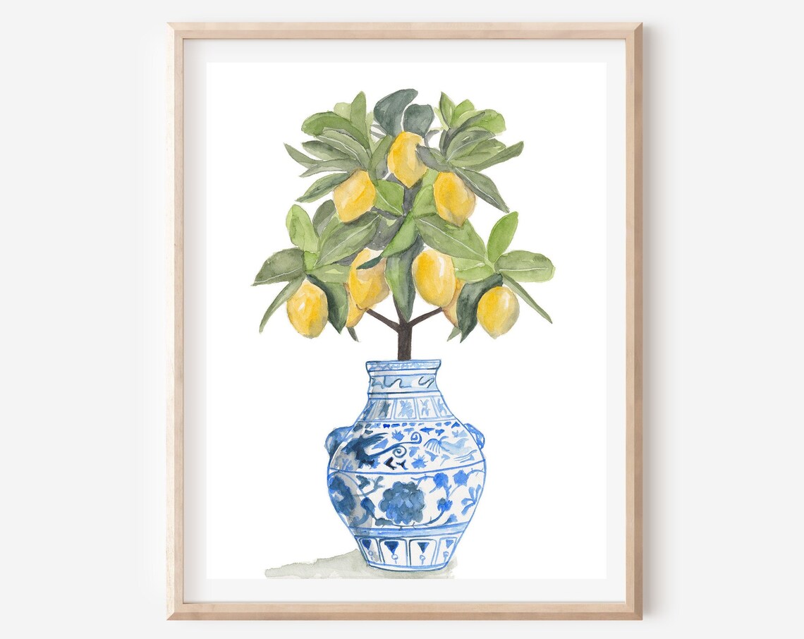 Lemon Chinoiserie Blue White Vase Botanical Art Print