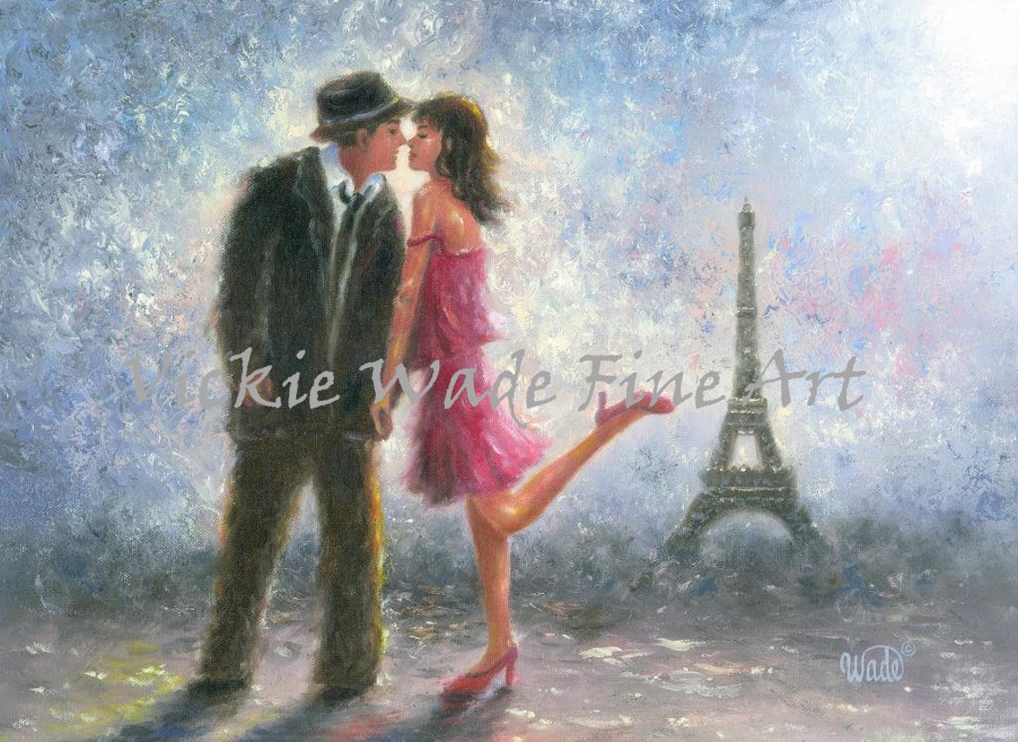 Paris Lovers Kissing by the Eiffel Tower Romantic Pink Art Poster