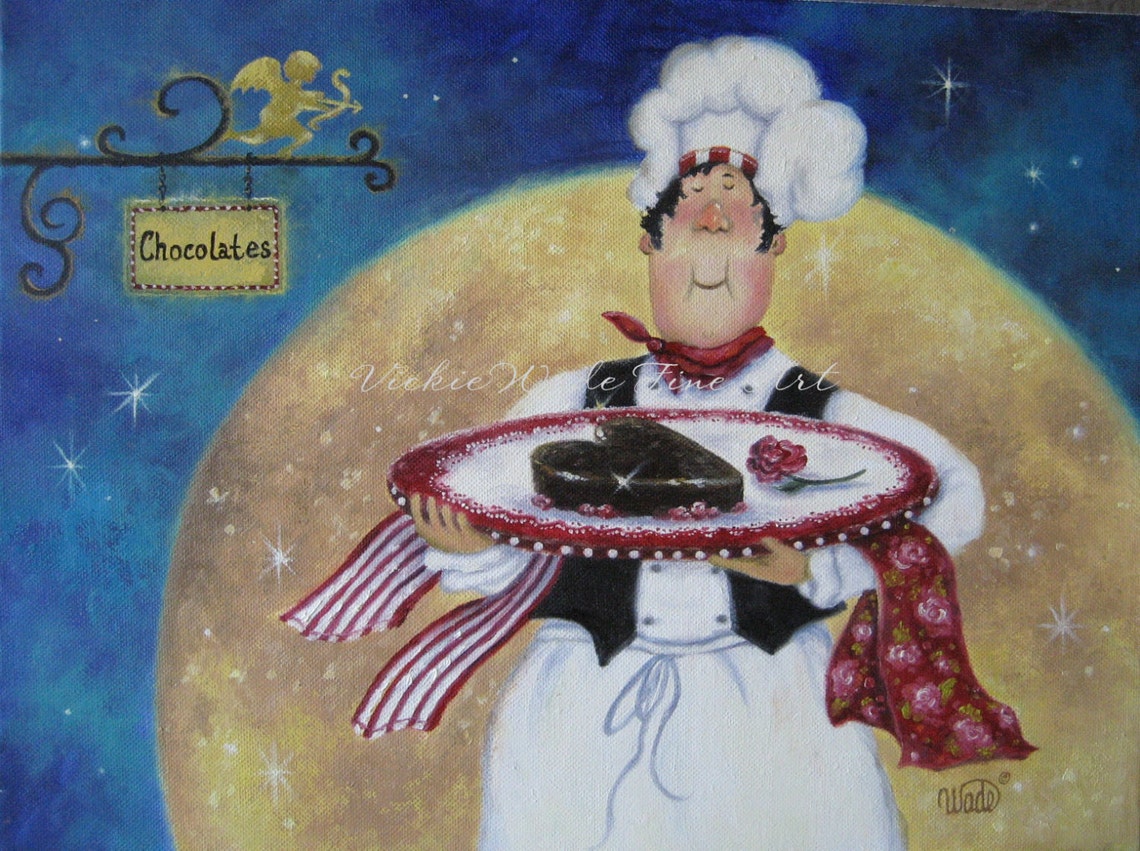 Chocolate Pastry Chef Holding a Heart Cake Under a Full Moon Poster