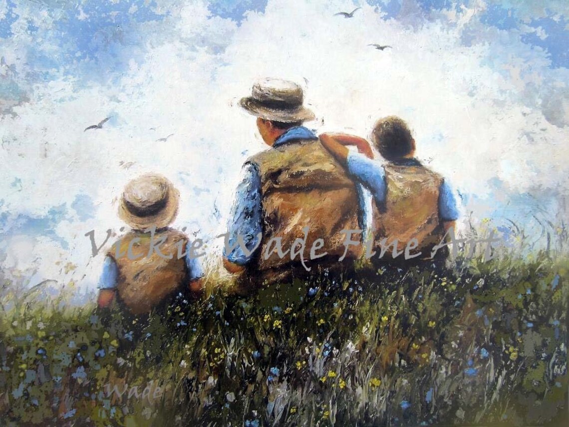 Father and Two Sons in Straw Hats Walking a Wildflower Meadow Poster