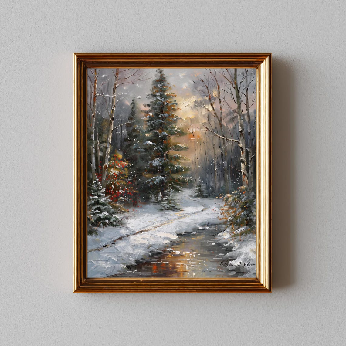 Snowy Pine Forest Stream at Sunset Winter Landscape Art Poster