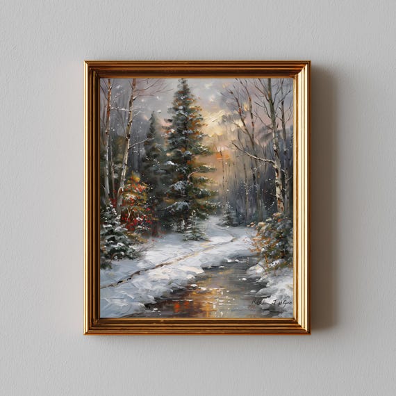 Winter Forest Path Painting Snowy Landscape Art Peaceful Nature Scene Rustic Wall Decor Vintage Print 187