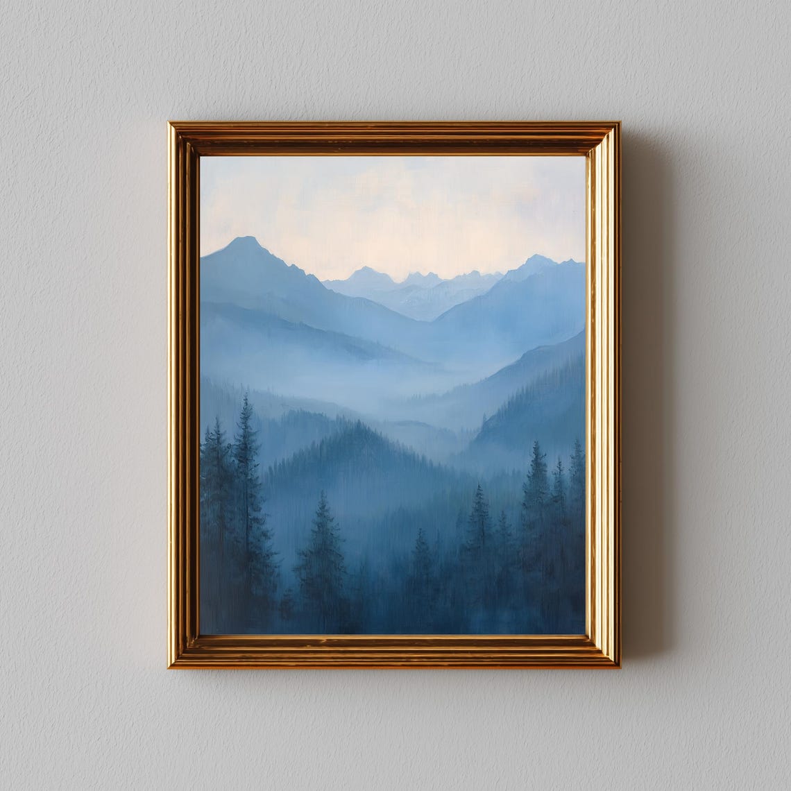 Misty Mountain Landscape Cool Blue Tones Moody Forest Silhouettes Rustic Minimalist Art Atmospheric Wall Decor 303