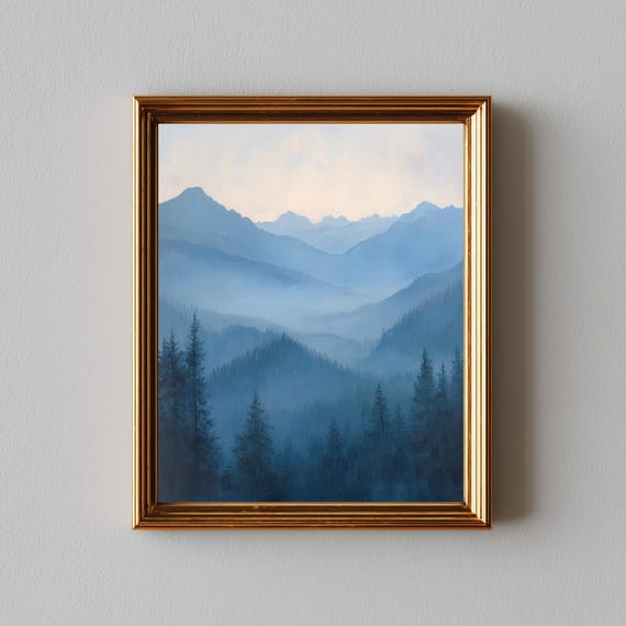 Misty Mountain Landscape Cool Blue Tones Moody Forest Silhouettes Rustic Minimalist Art Atmospheric Wall Decor 303
