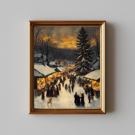 Christmas Market Night Crowds Lights Vintage Holiday Scene Poster