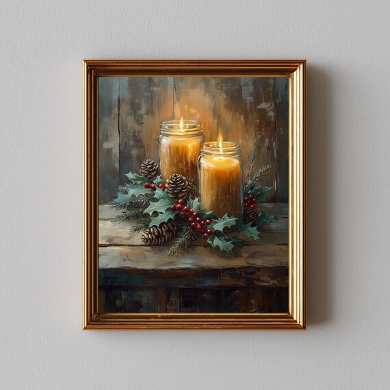 Christmas Candle Glow Poster Festive Holly Pinecone Oil Painting