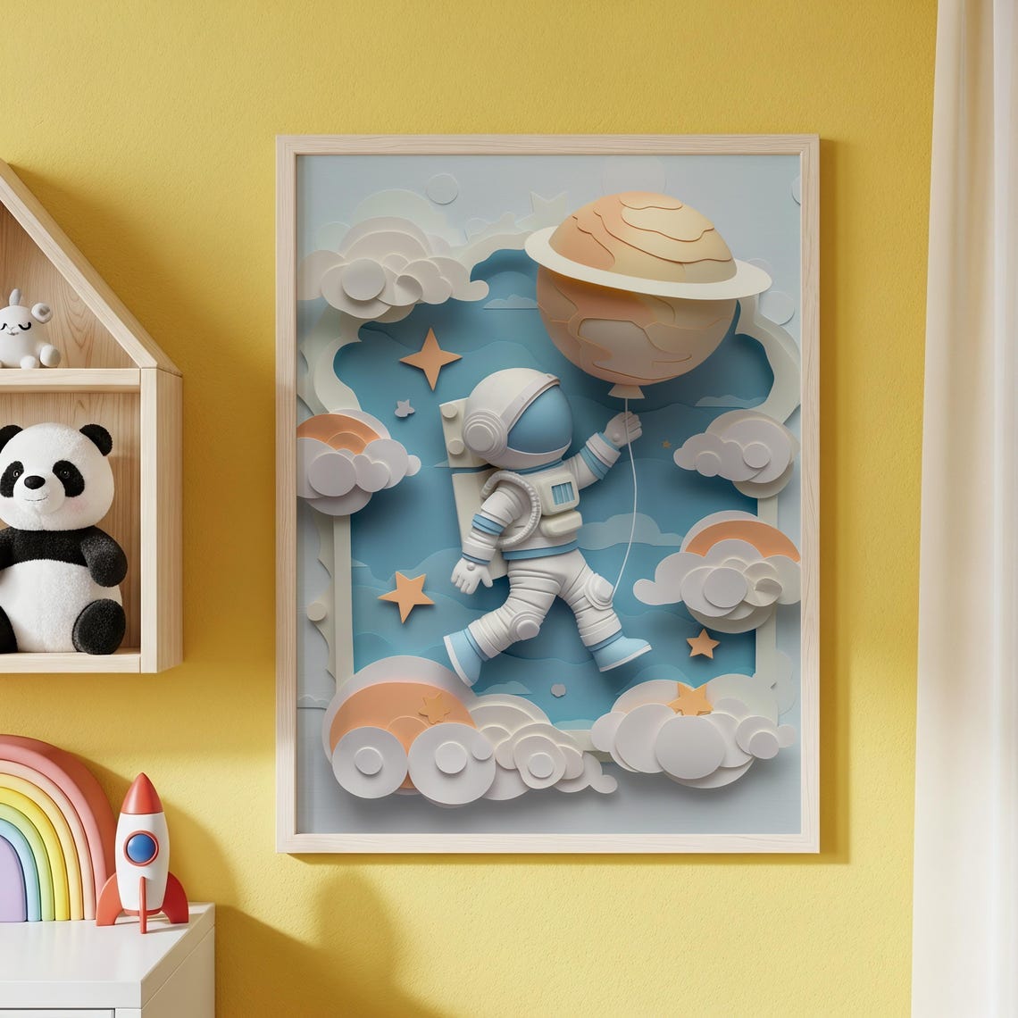 Astronaut Holding Planet Balloon Paper Cut Nursery Room Art Poster