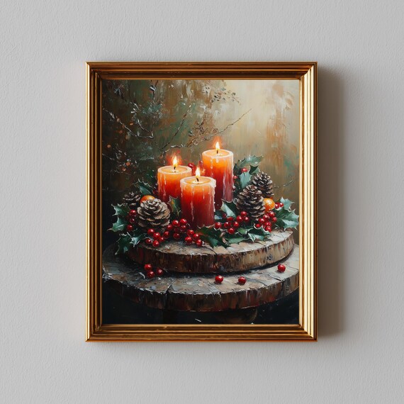 Rustic Christmas Candle Centerpiece Pinecones Holly Oil Painting Poster