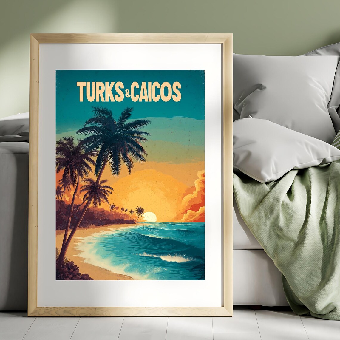 Turks & Caicos Tropical Beach Sunset Palm Trees Travel Poster