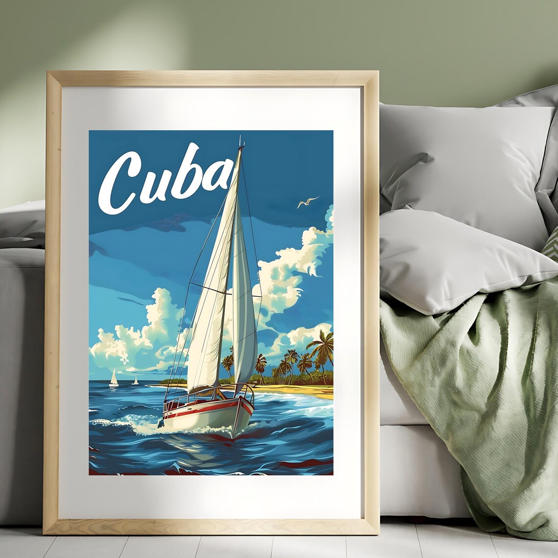 Cuba Sailing Boat Vintage Travel Poster With Tropical Beach Scene