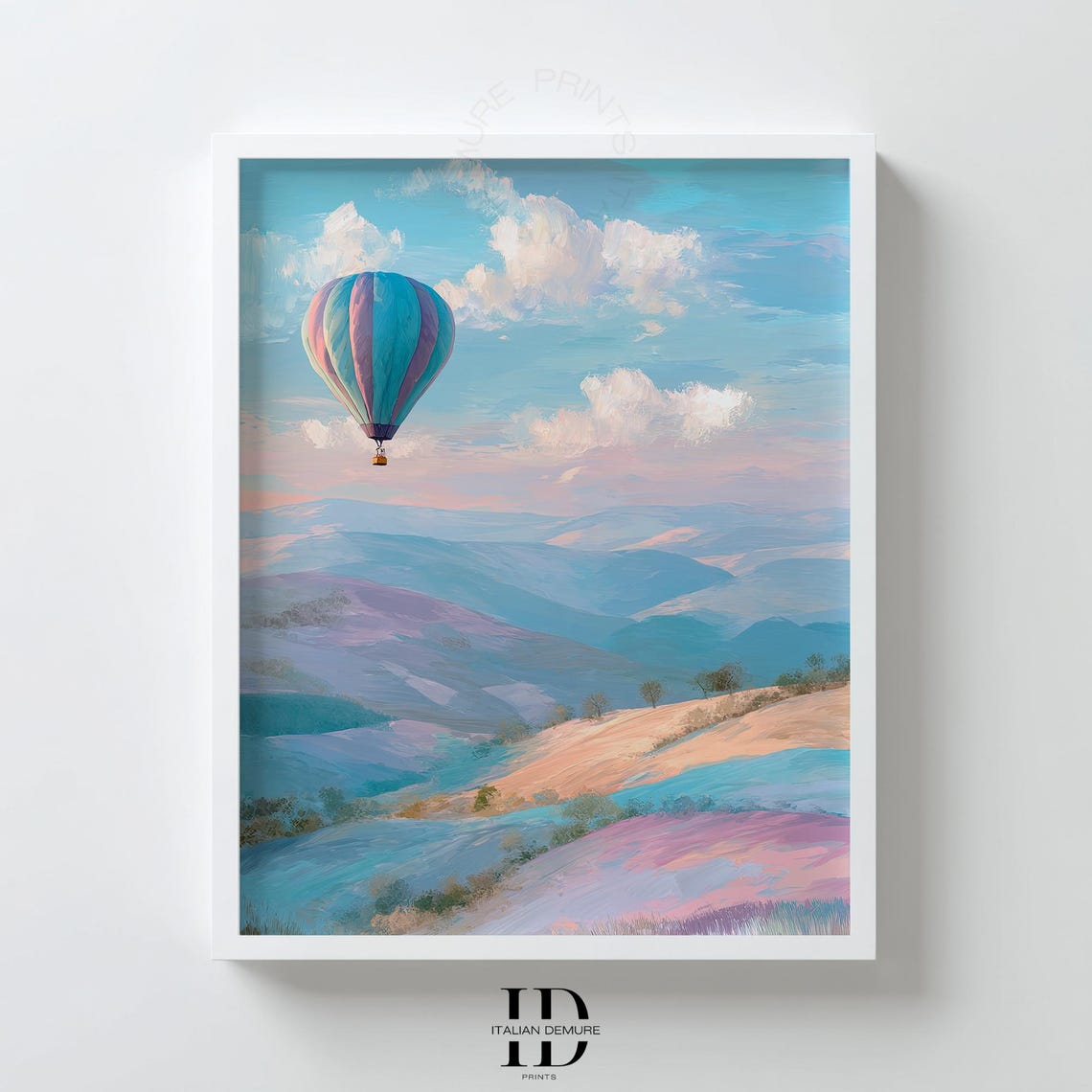 Hot Air Balloon Floating Over Pastel Rolling Hills Art Print