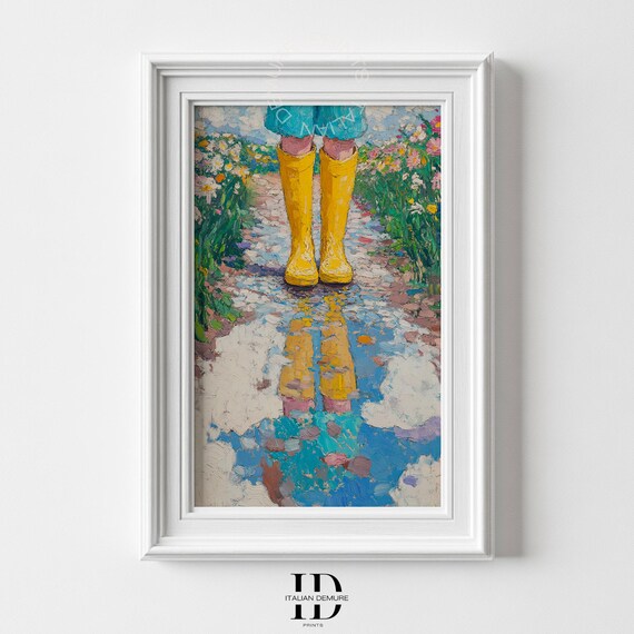 Yellow Rain Boots Child Puddle Reflection Impressionist Painting Poster