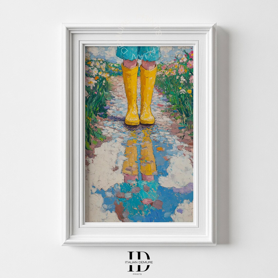 Yellow Rain Boots Child Puddle Reflection Impressionist Painting Poster