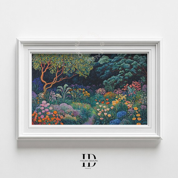Enchanted Night Garden Vibrant Flowers Moonlit Trees Art Poster