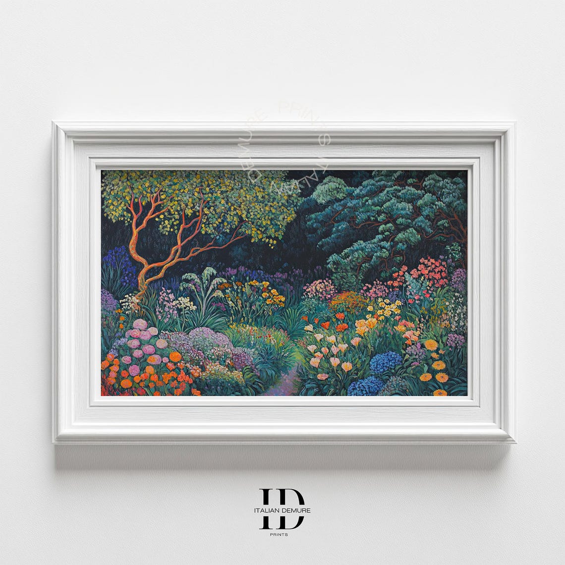Enchanted Night Garden Vibrant Flowers Moonlit Trees Art Poster