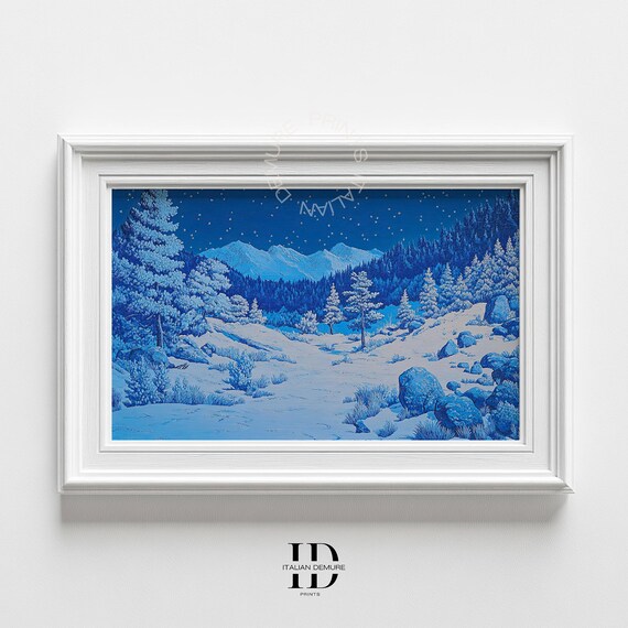 Starry Winter Night Landscape Snowy Mountain Wall Art Tranquil Blue Forest Scene Serene Nature Print Home Office Decor