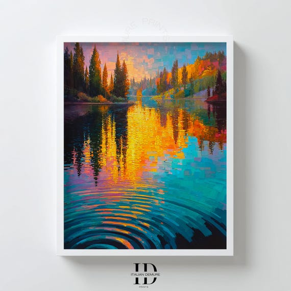 Sunset Lake Reflection Art Print Vibrant Impressionist Landscape Teal Orange Wall Decor Cabin Poster For Living Room